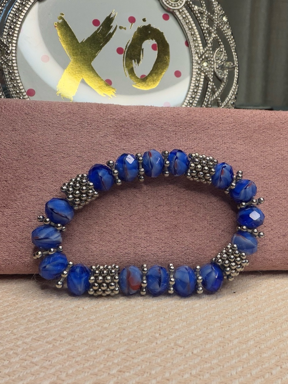 Artisan Cobalt Blue Marble Art Glass Beaded Stretch Bracelet
